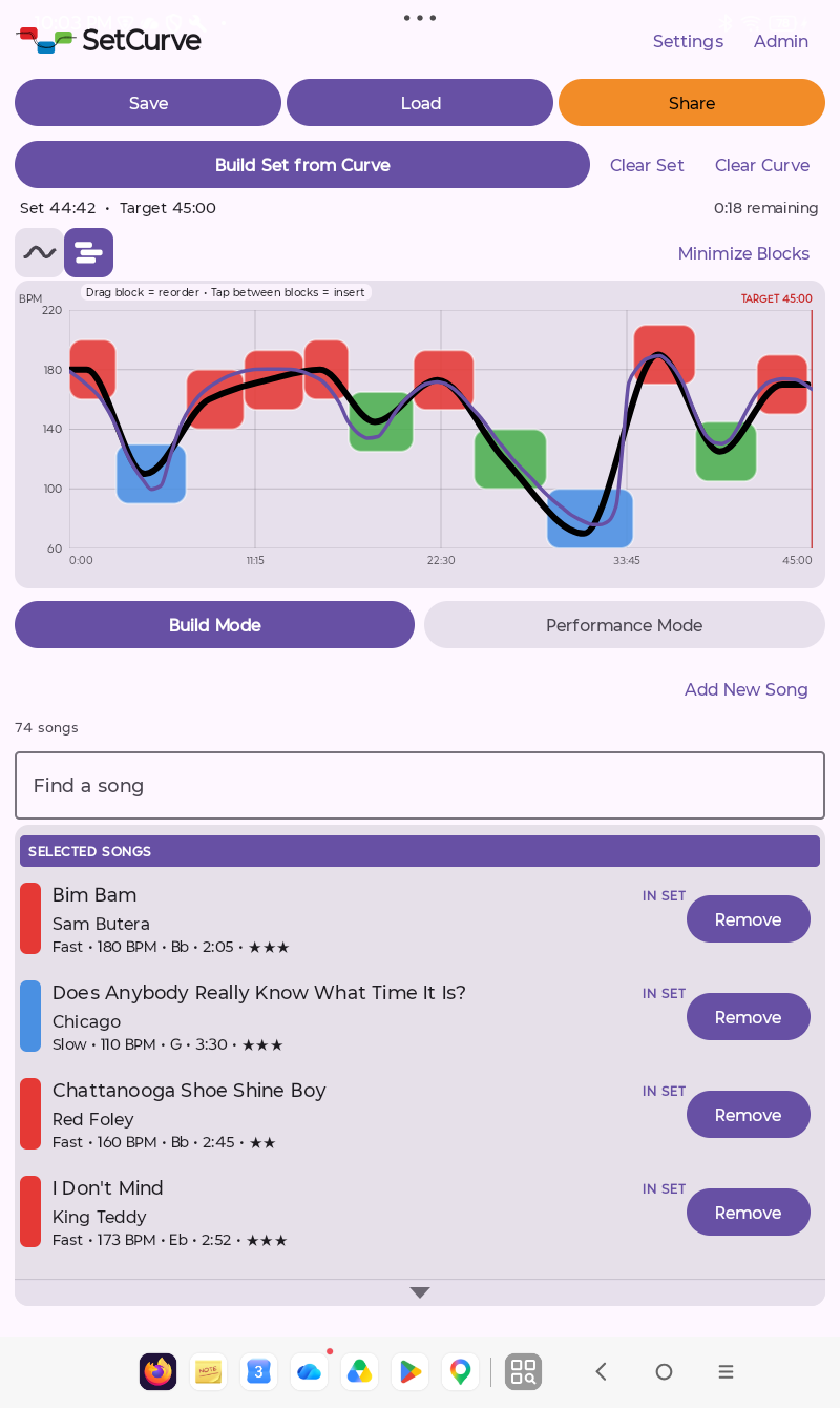 SetCurve Android setlist generator showing a drawn tempo curve and automatically generated song list
